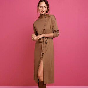 Ann Taylor Long Sleeve Midi Dress in Camel Brown